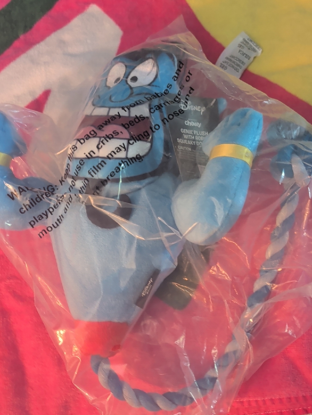 Disney Blue Genie Plush with Rope Squeaky Dog Toy New